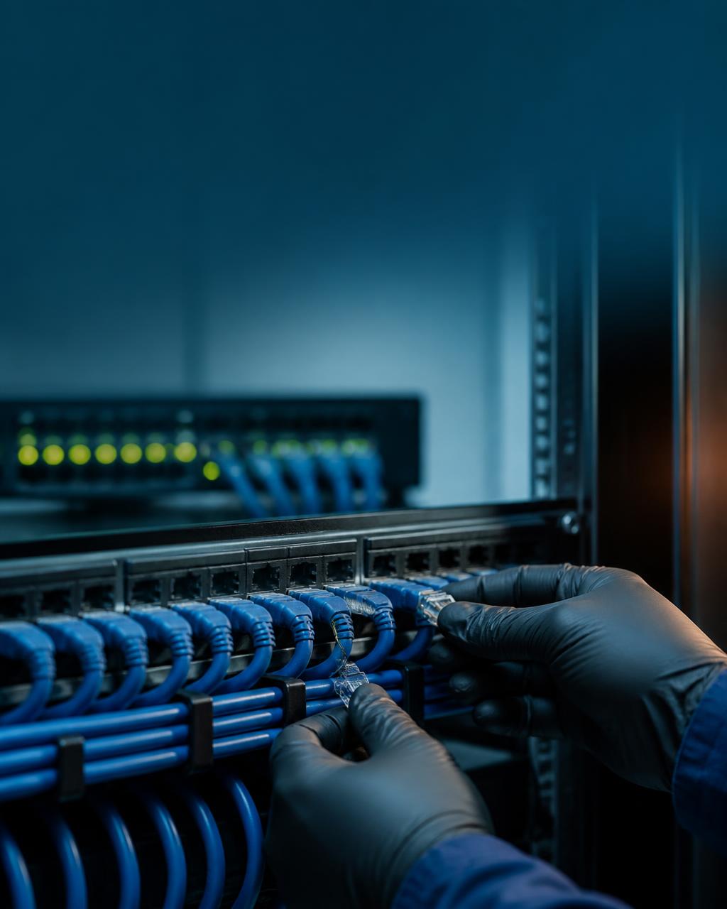 Cabeamento estruturado organizado em rack de rede
